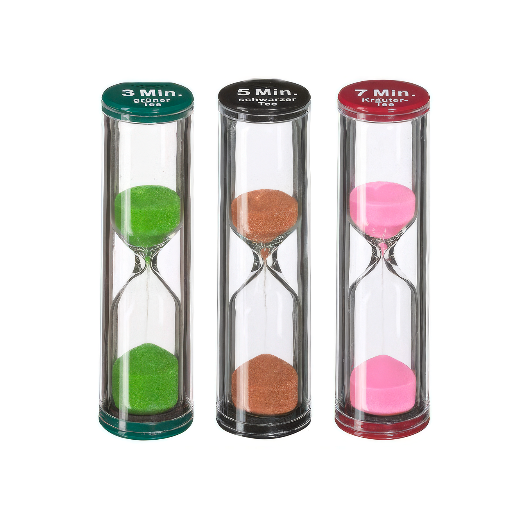 Set of three hourglass tea timers for 3, 5, and 7 minute infusions, standing side-by-side.