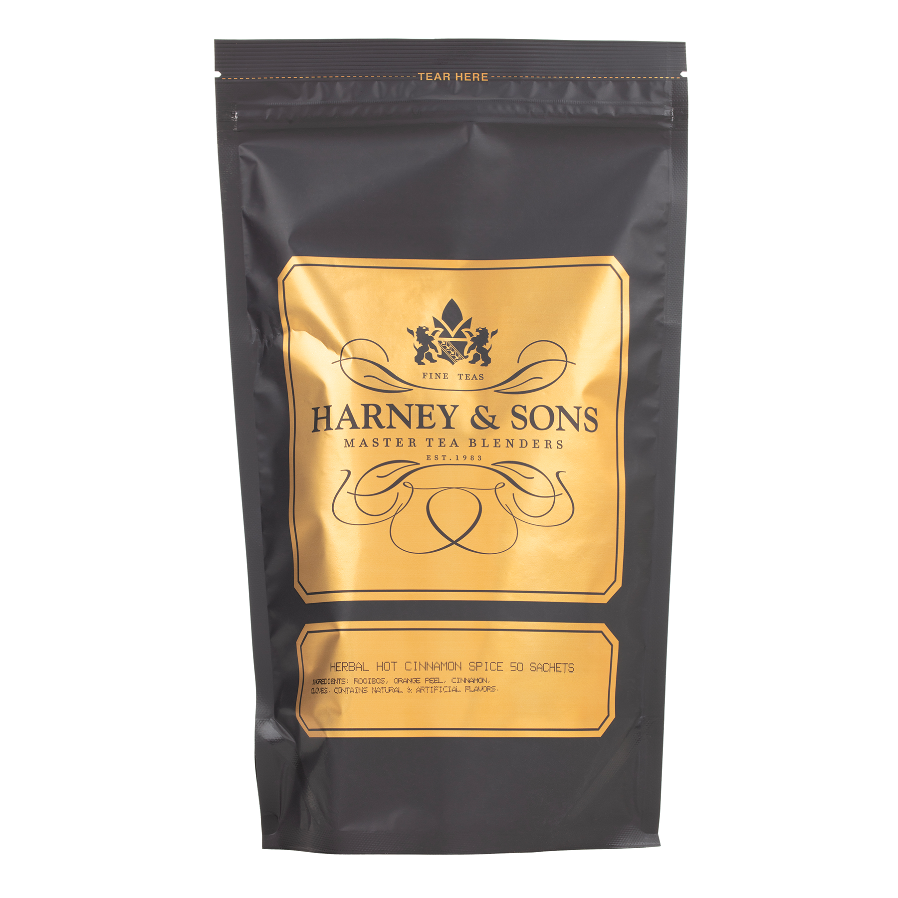 Harney & Sons Herbal Hot Cinnamon Spice tea refill bag containing 50 caffeine-free herbal sachets.