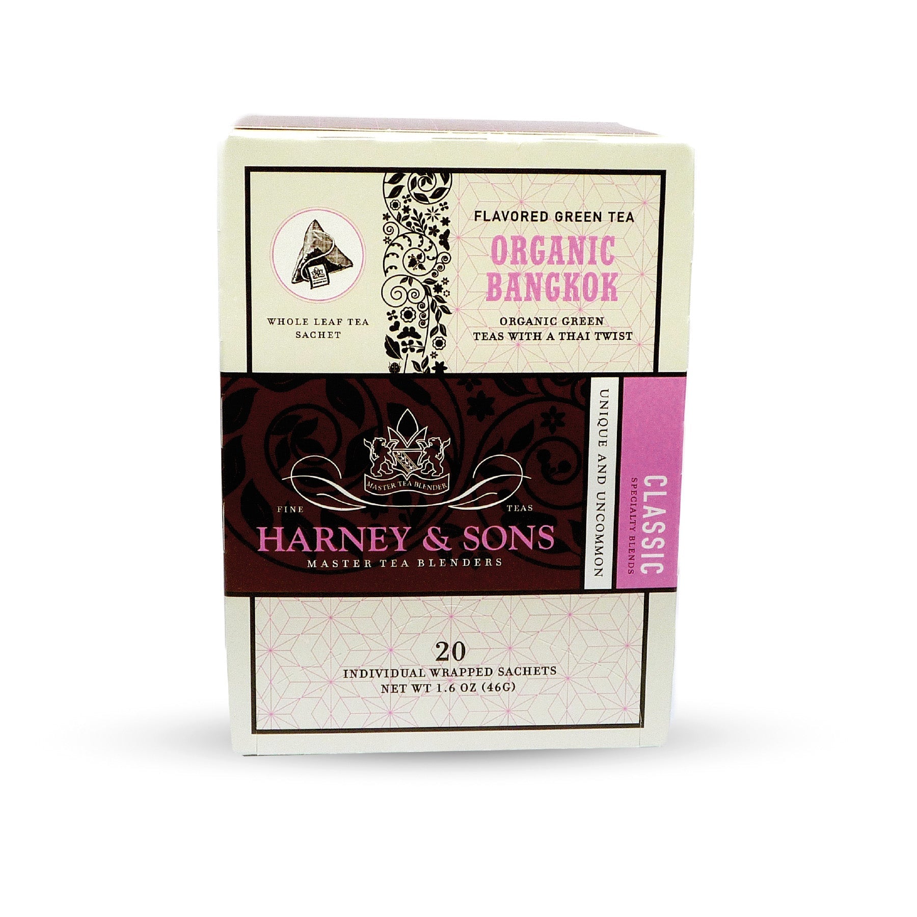 Green tea with lemongrass, flavoured vanilla, coconut and ginger - Organic Certified - Organic Bangkok, Box of 20 Individually Wrapped Sachets - Harney & Sons Fine Teas Europe