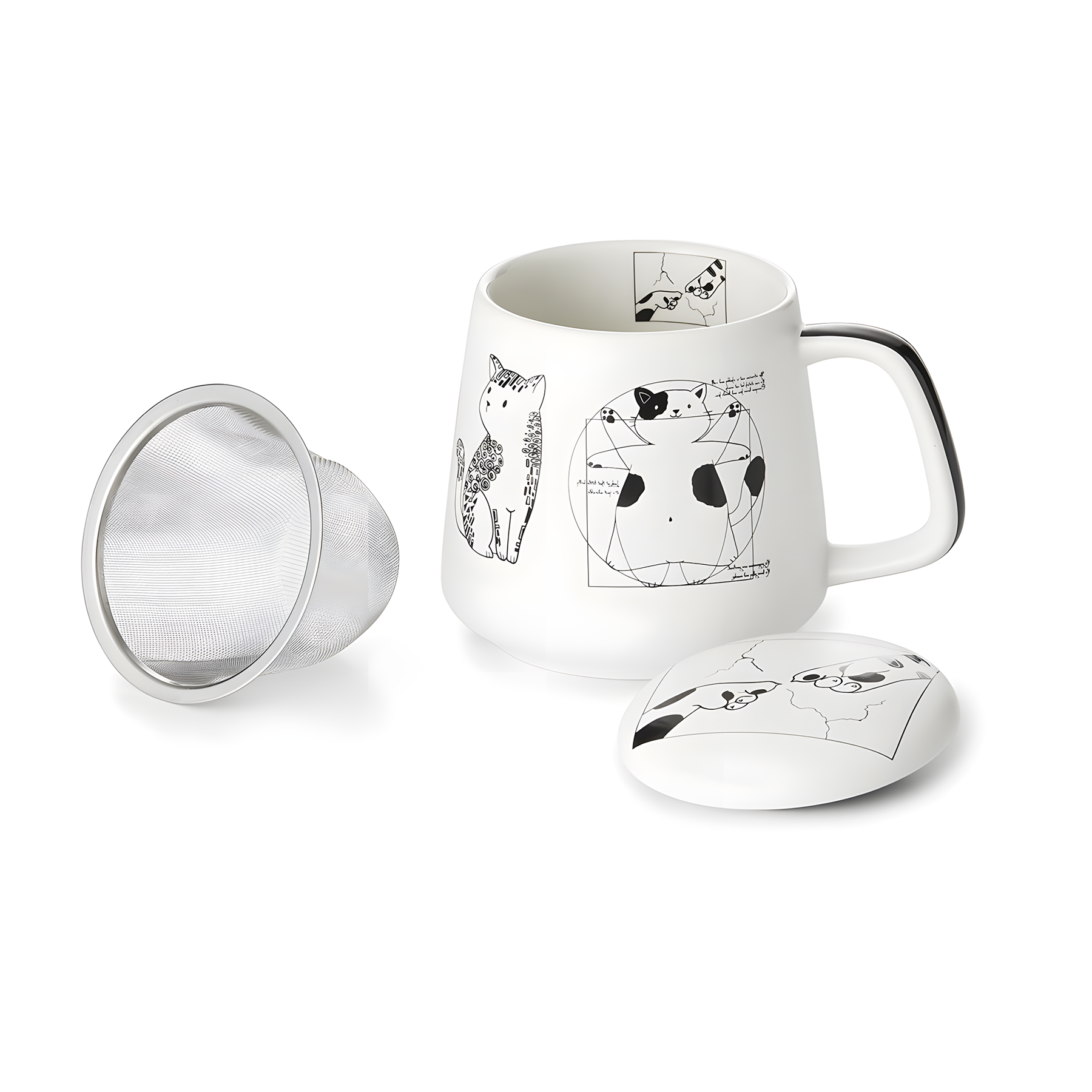 Artist Cats porcelain tea mug with stainless steel infuser and lid