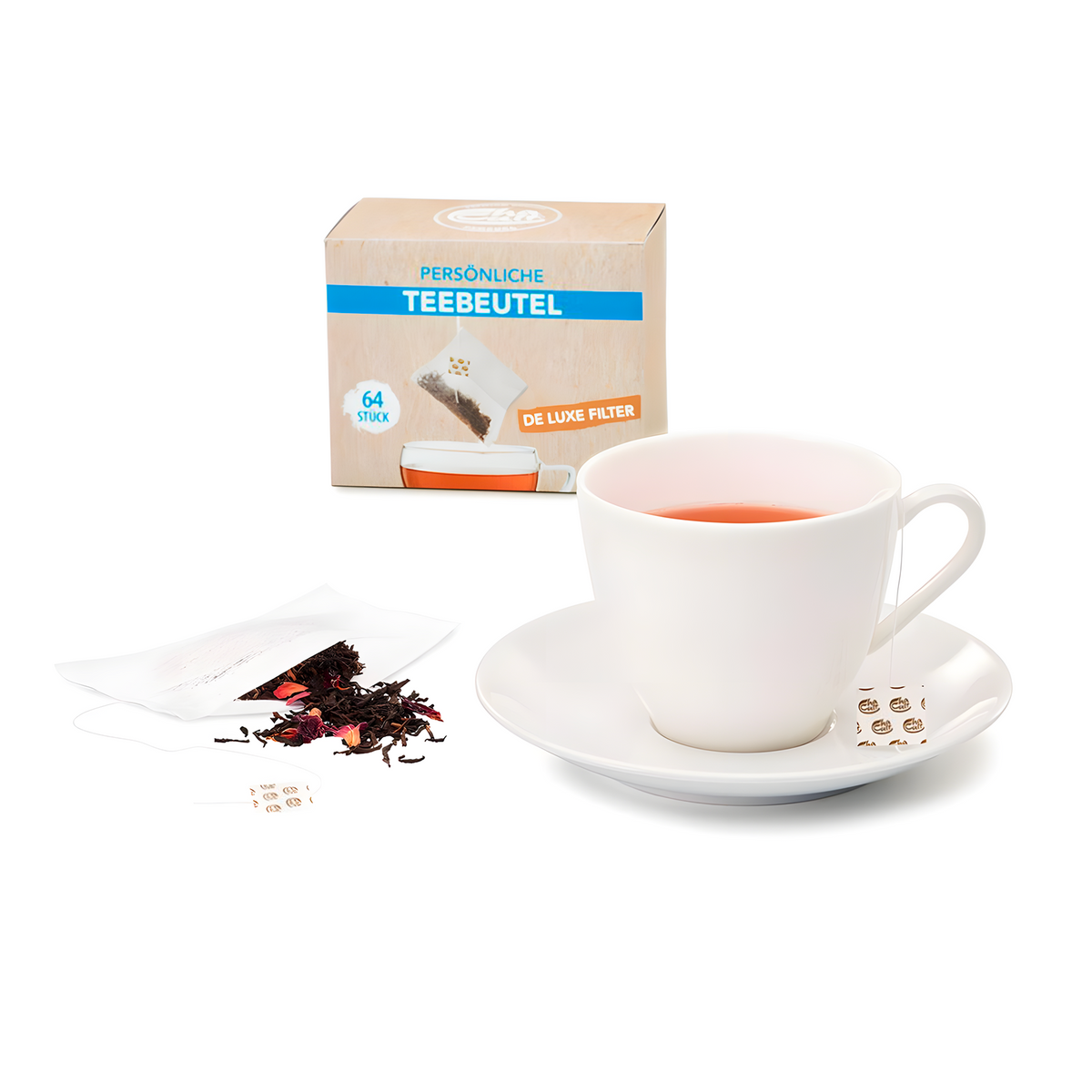 Boîte de 64 filtres à thé Chacult avec un sachet rempli de thé et une tasse