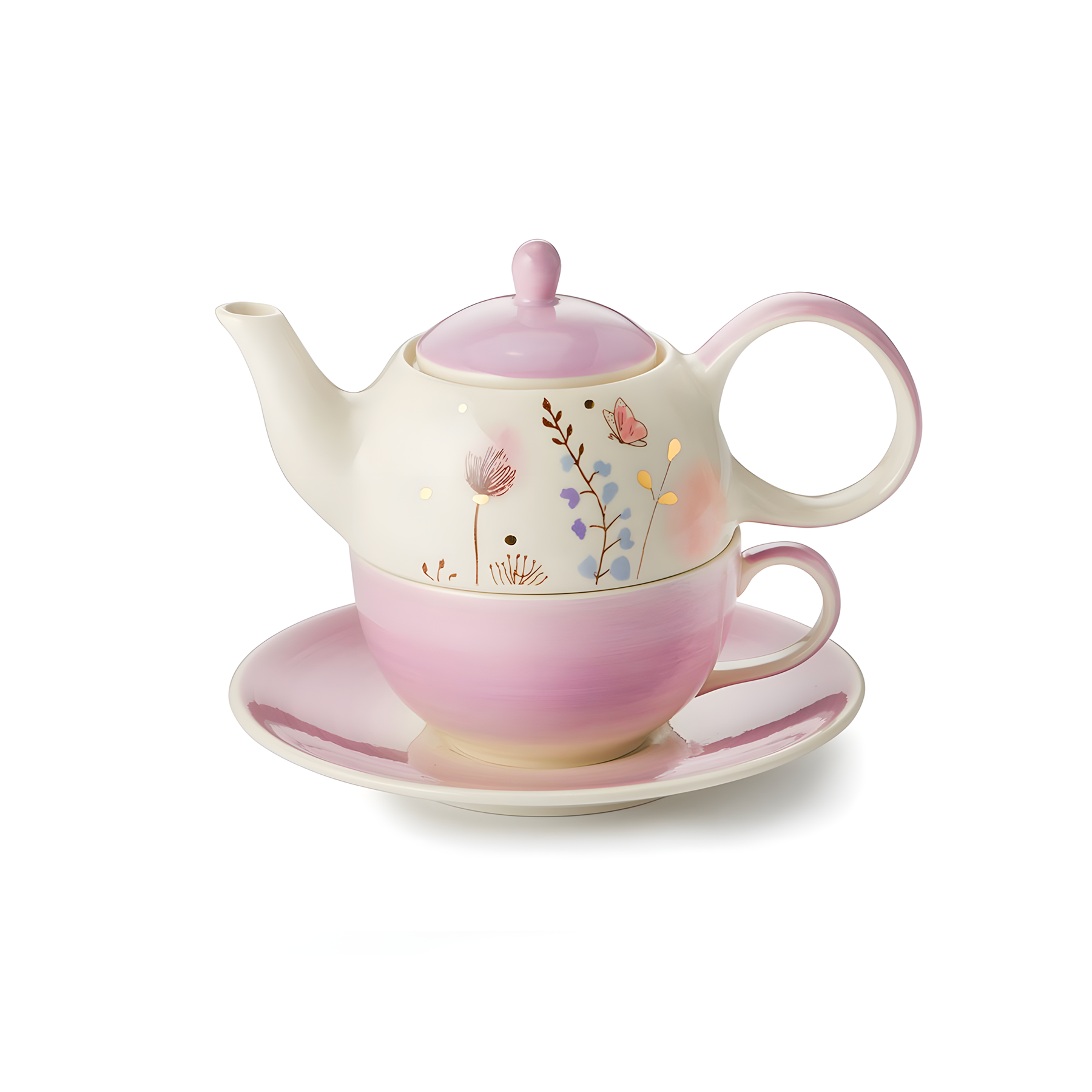Florentina ceramic Tea for One set with gold details, stackable teapot and cup, with saucer
