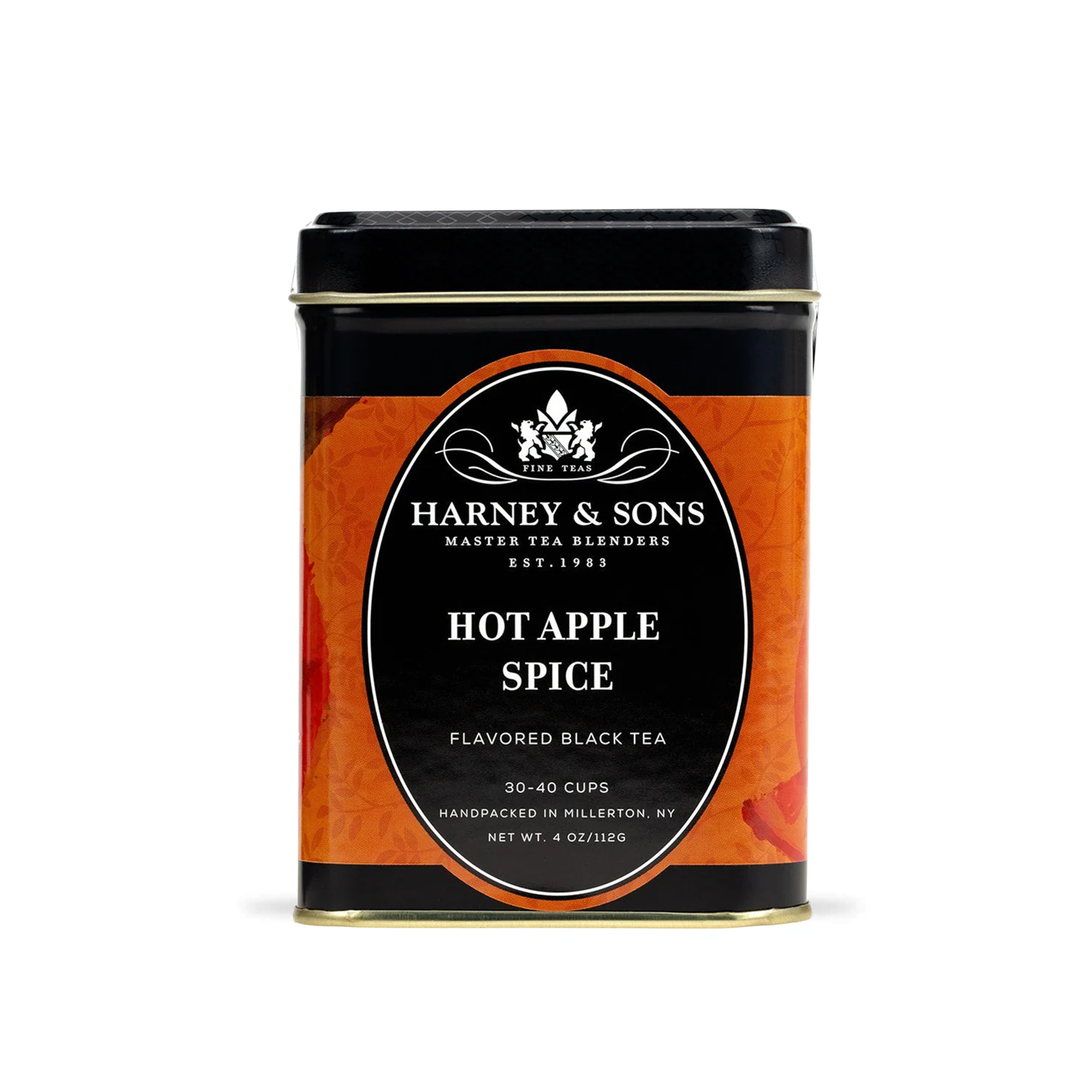 Harney & Sons Hot Apple Spice loose leaf tea displayed next to its 112g metal tin