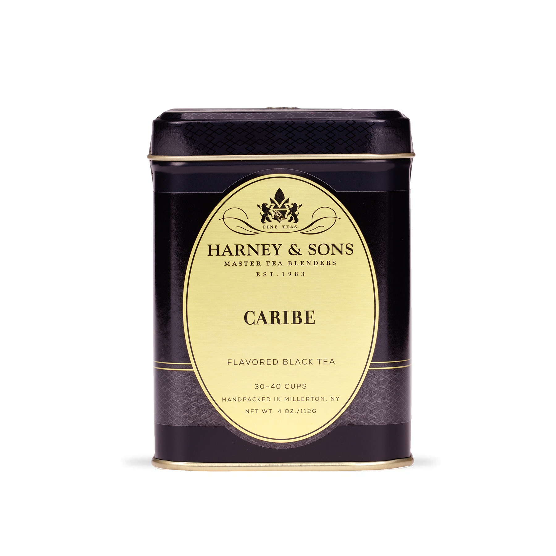 Harney & Sons Caribe loose leaf tea displayed next to its 112g metal tin