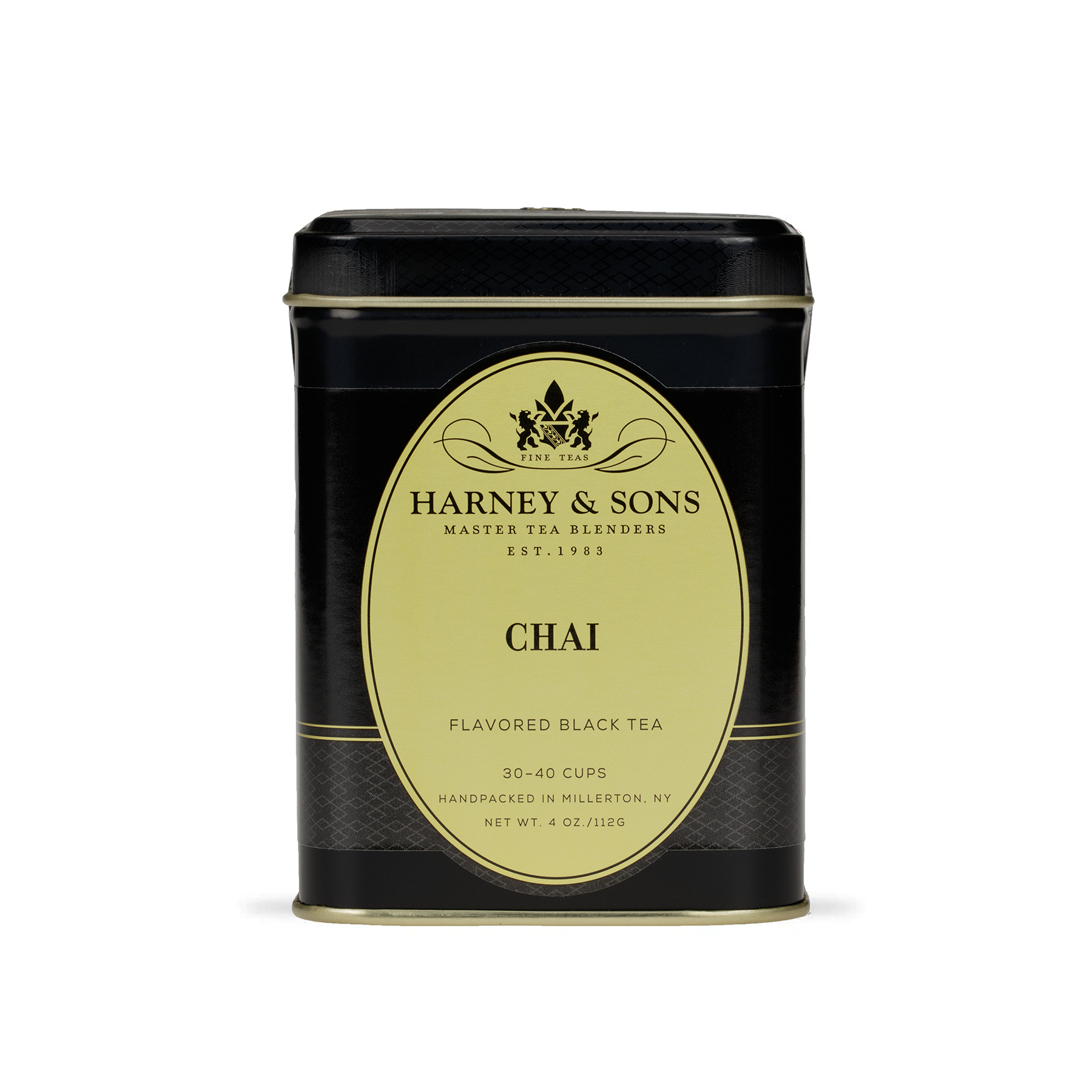 Harney & Sons Chai loose leaf tea displayed next to its 112g metal tin