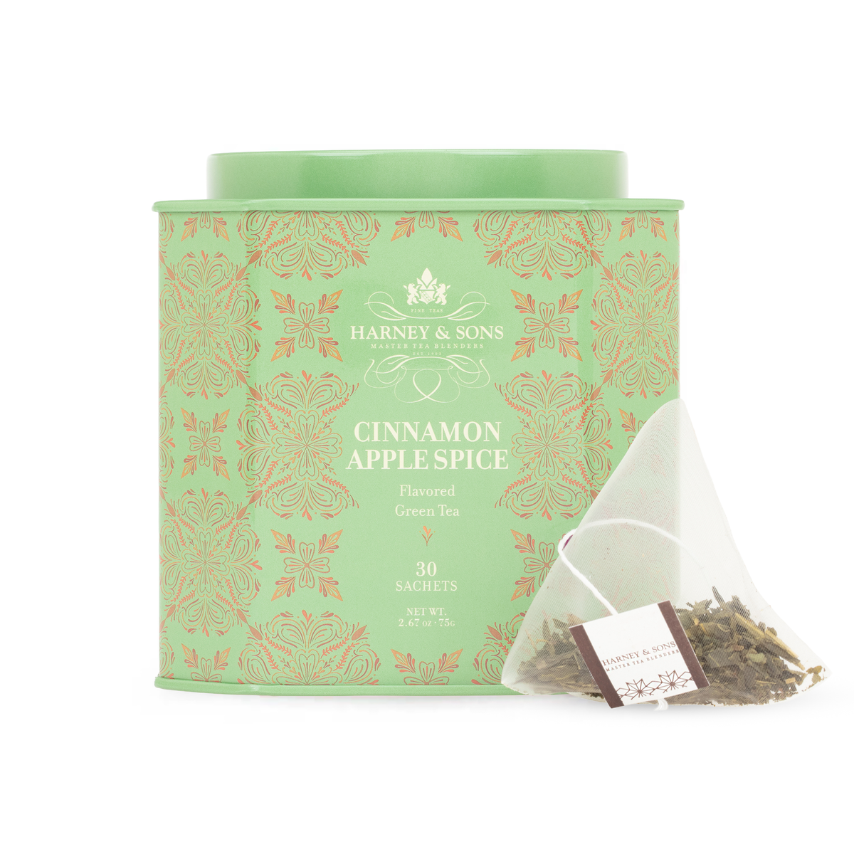 Harney & Sons Cinnamon Apple Spice tea tin of 30 sachets with a pyramid sachet in front