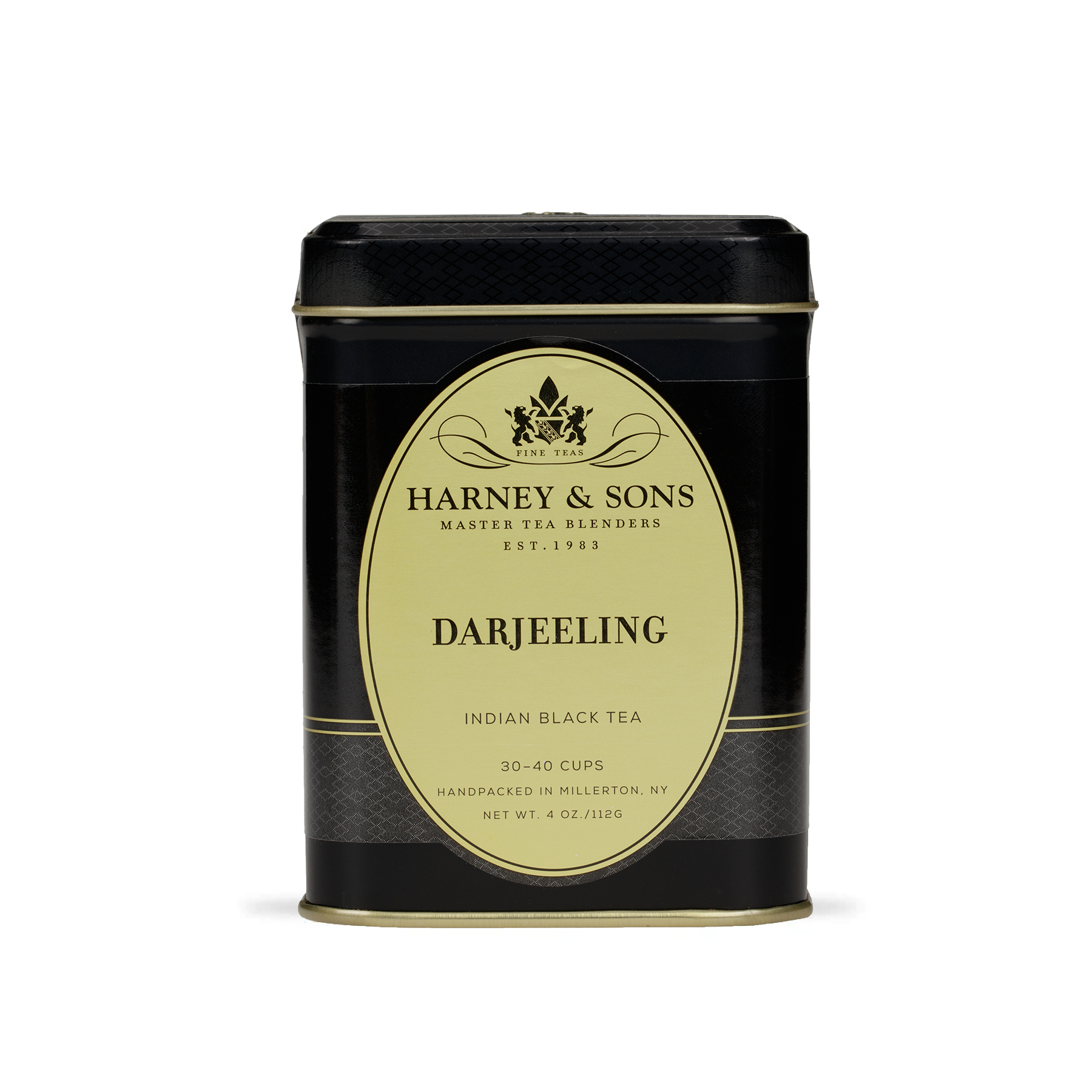 Harney & Sons Darjeeling loose leaf tea displayed next to its 112g metal tin