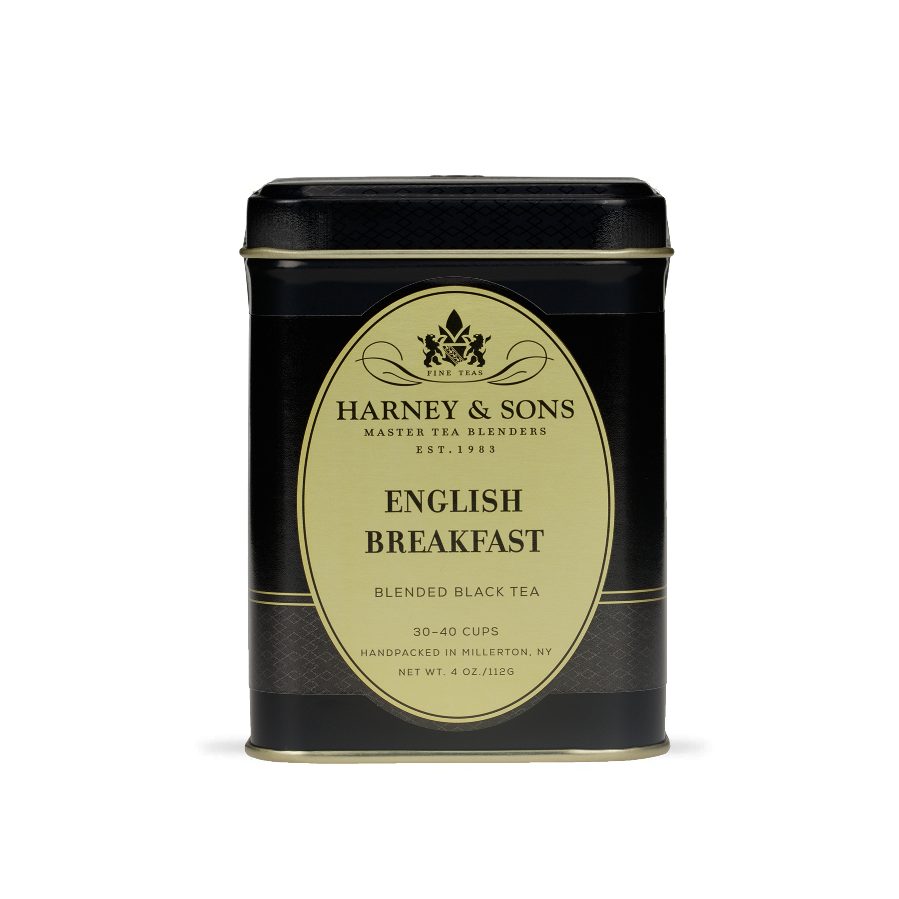 Harney & SonsEnglish Breakfast loose leaf tea displayed next to its 112g metal tin