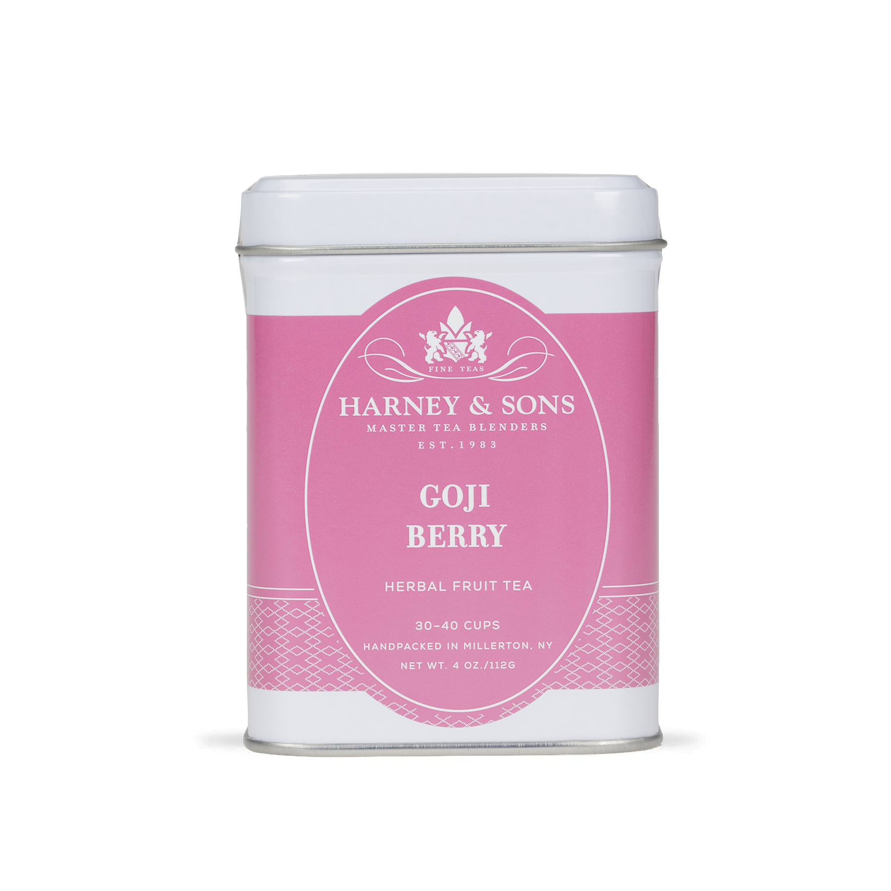 Harney & Sons Goji Berry loose leaf fruit tea displayed next to its 112g metal tin