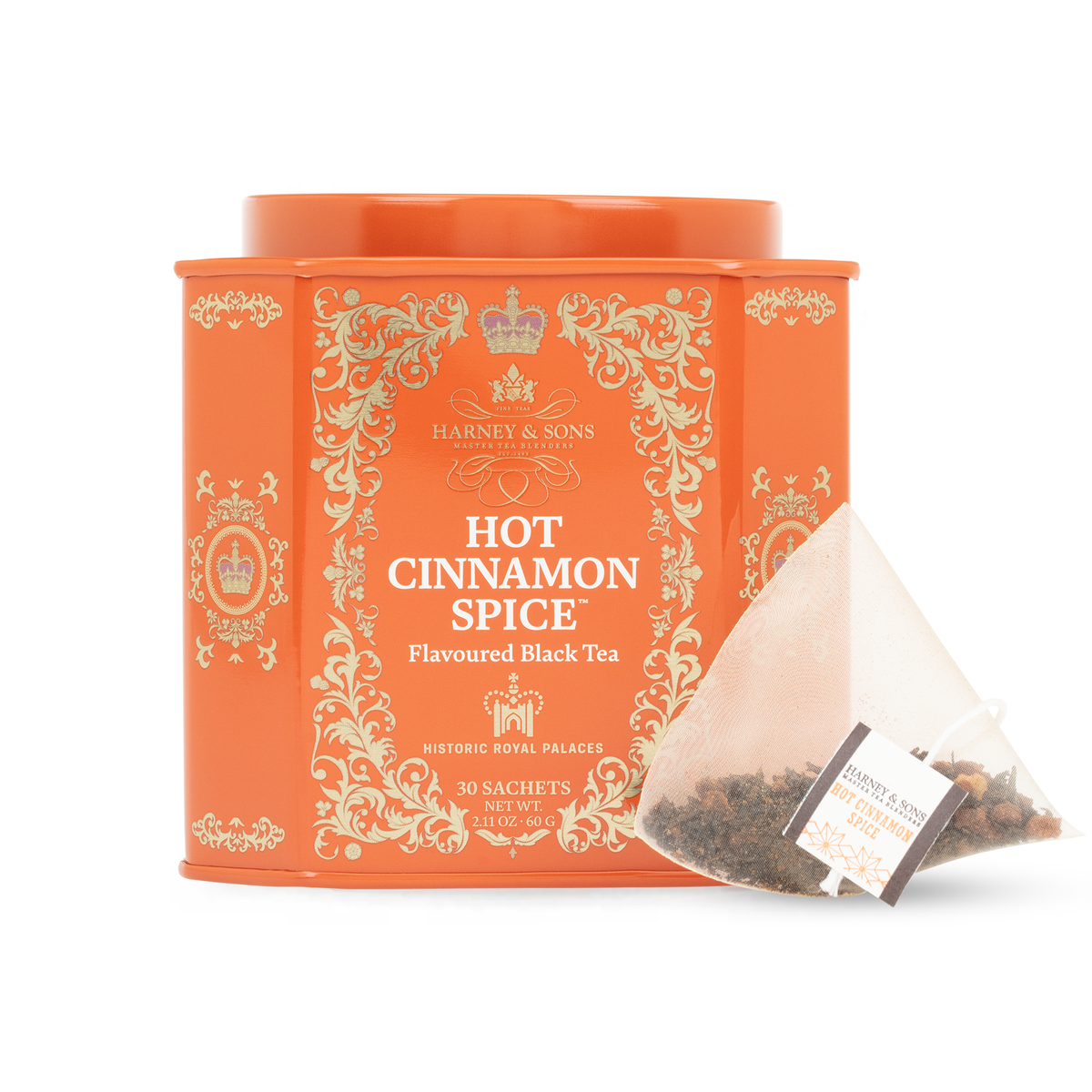Harney & Sons Hot Cinnamon Spice HRP tin of 30 sachets with a pyramid sachet in front