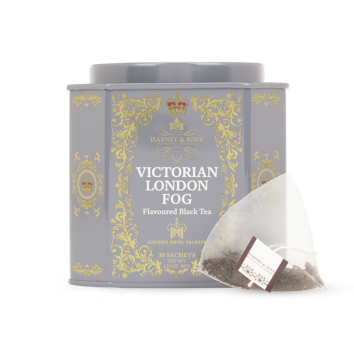 Harney & Sons Victorian London Fog HRP tin of 30 sachets with a pyramid sachet in front