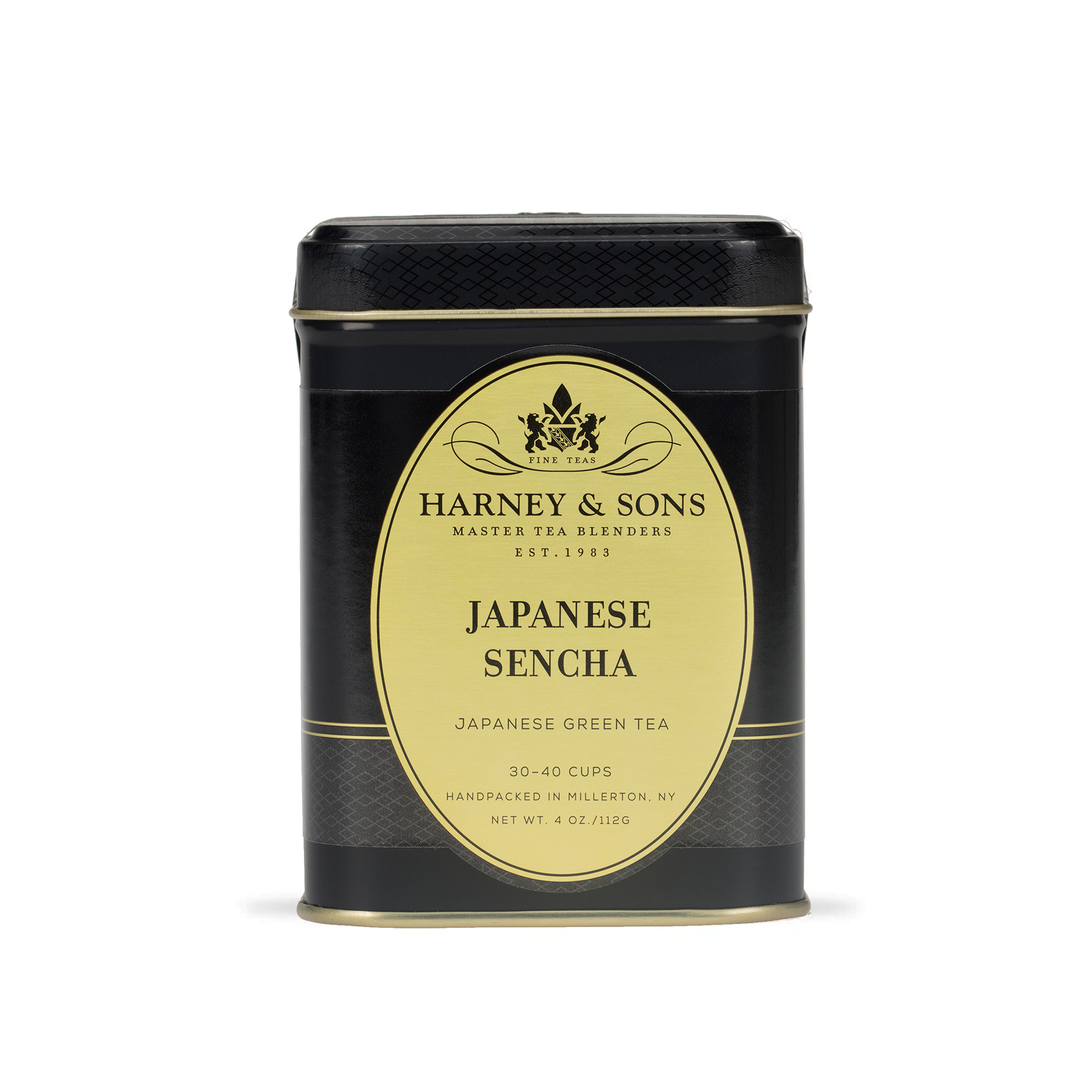 Harney & Sons Japanese Sencha loose leaf tea displayed next to its 112g metal tin