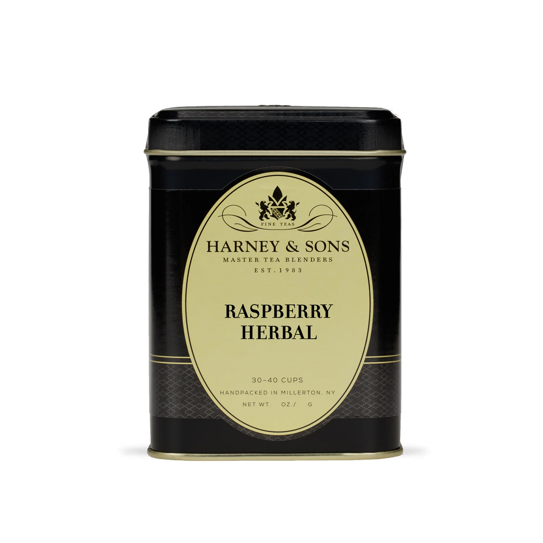 Harney & Sons Raspberry Herbal loose leaf tea displayed next to its 112g metal tin