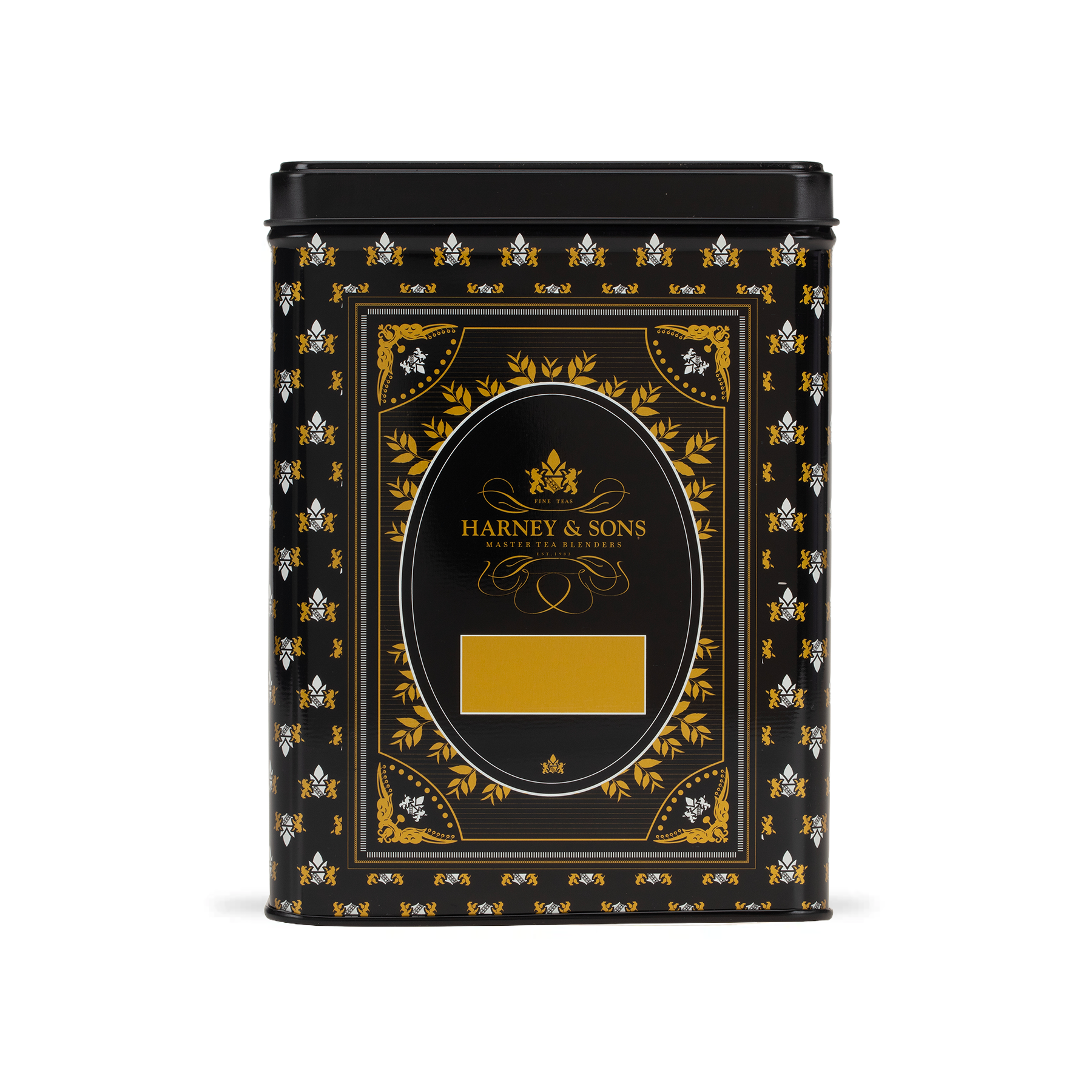 Hinged storage canister with logo Harney and Sons in black