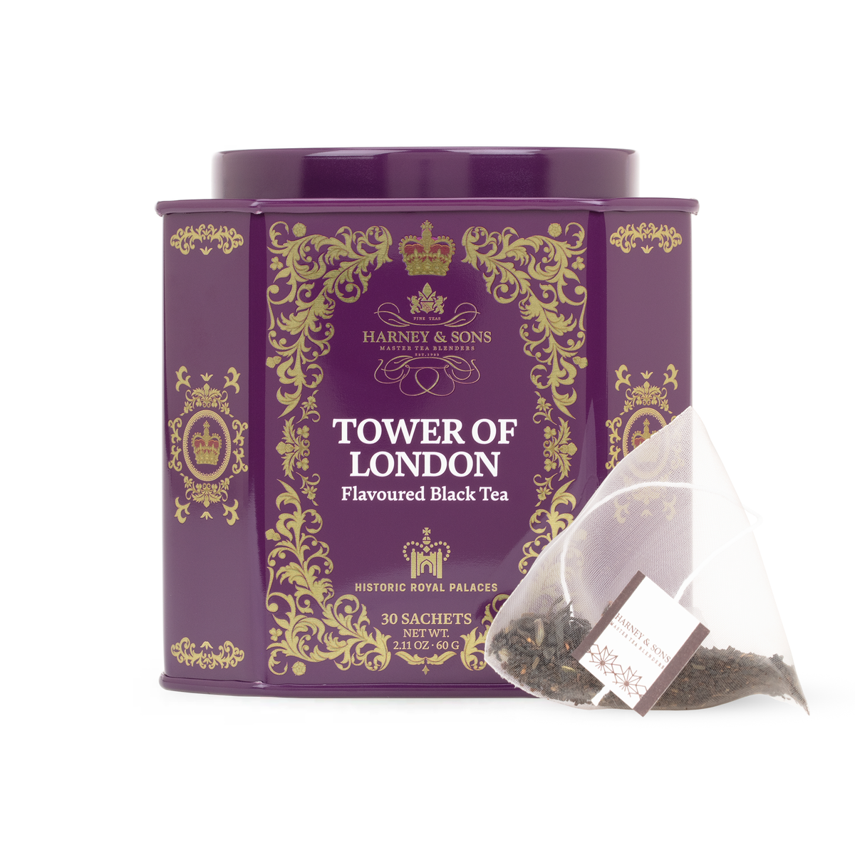 Harney & Sons Tower of London HRP tin of 30 sachets with a pyramid sachet in front.