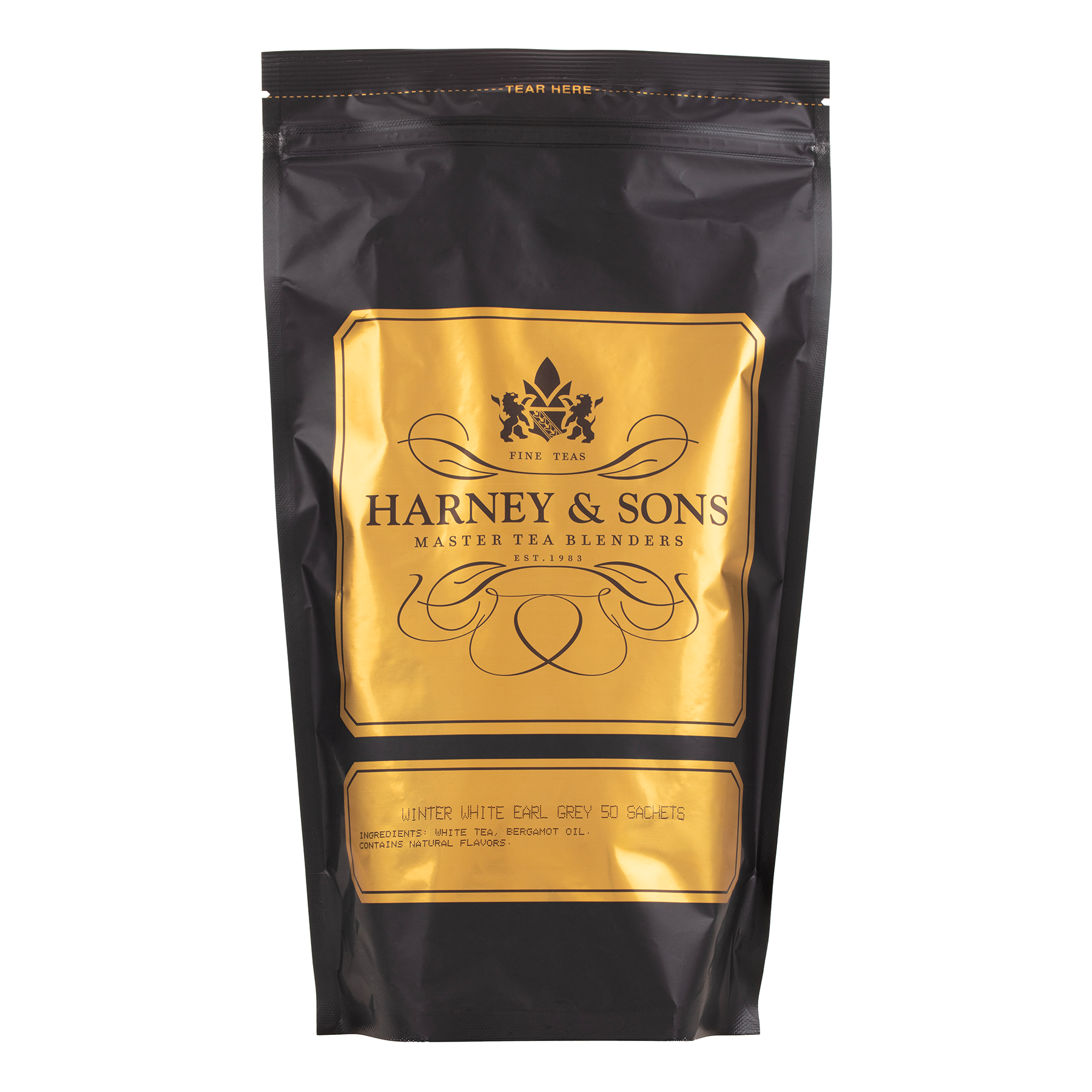 Harney & Sons Winter White Earl Grey tea refill bag containing 50 white tea sachets infused with bergamot.