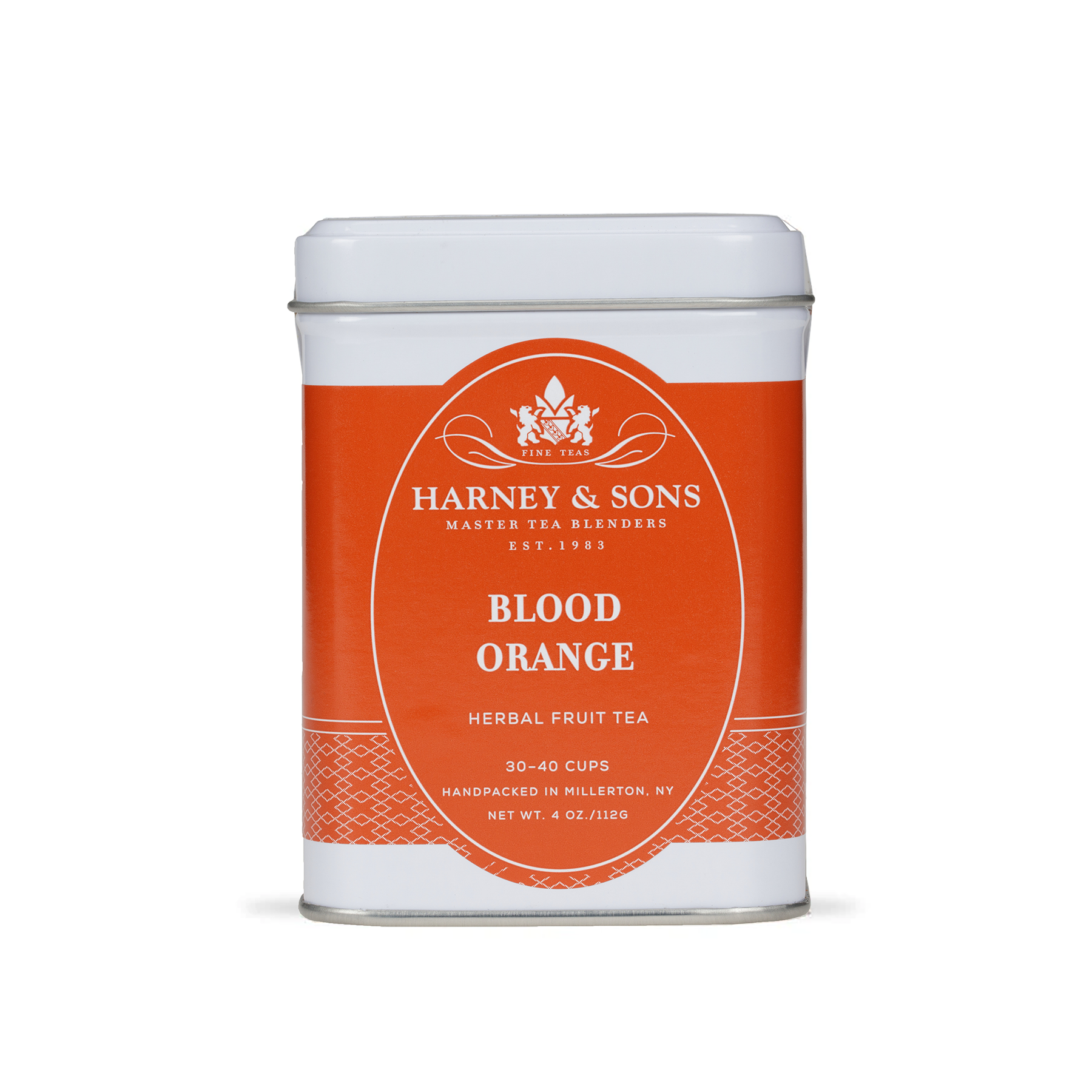 Harney & Sons Blood Orange loose leaf fruit tea displayed next to its 112g metal tin