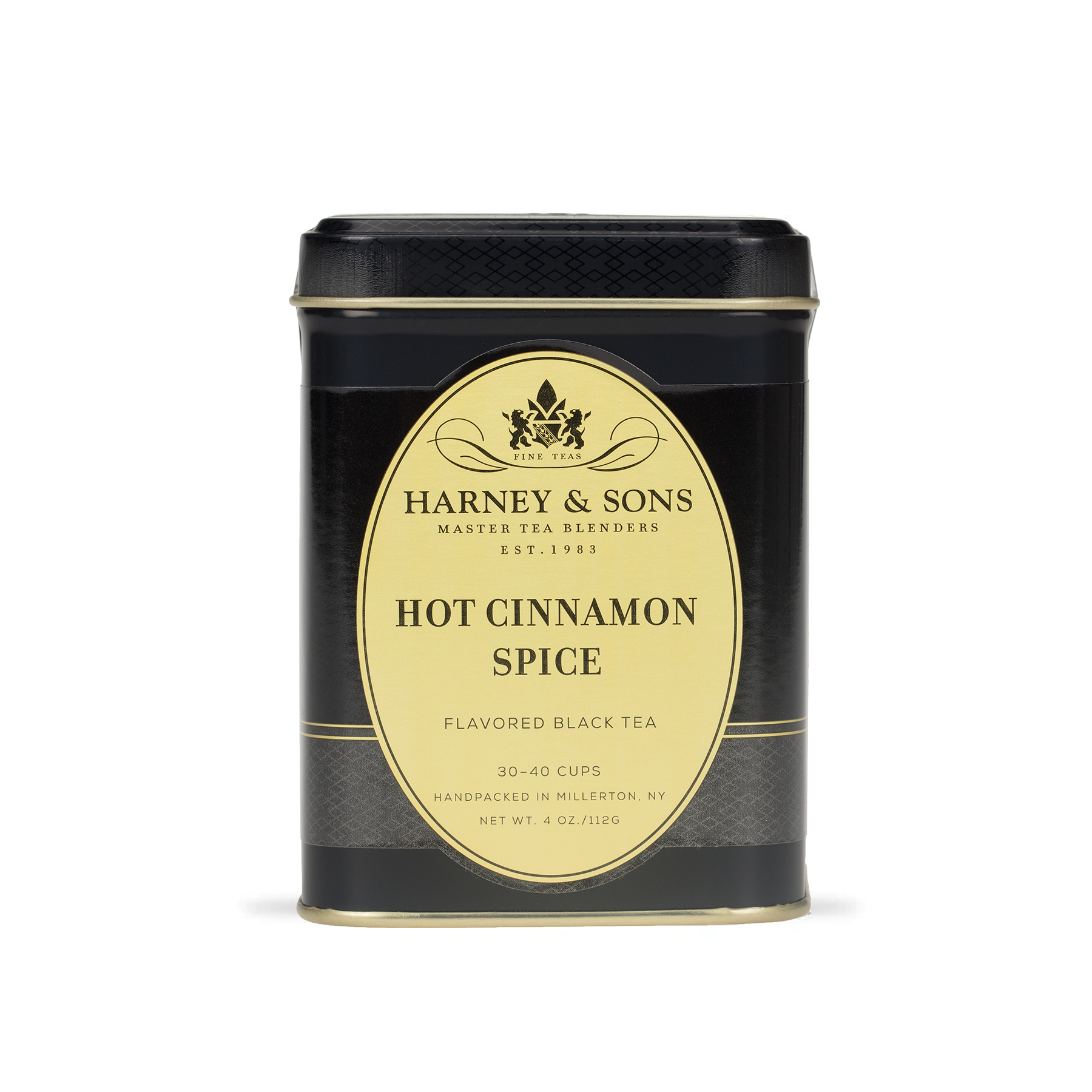 Harney & Sons Hot Cinnamon Spice loose leaf tea displayed next to its 112g metal tin