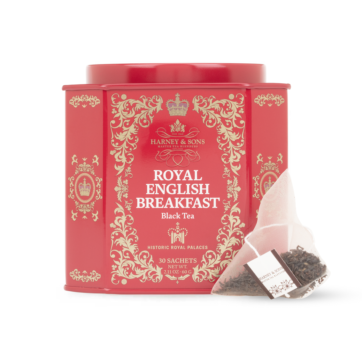 Harney & Sons HRP Royal English Breakfast  tin of 30 sachets with a pyramid sachet in front