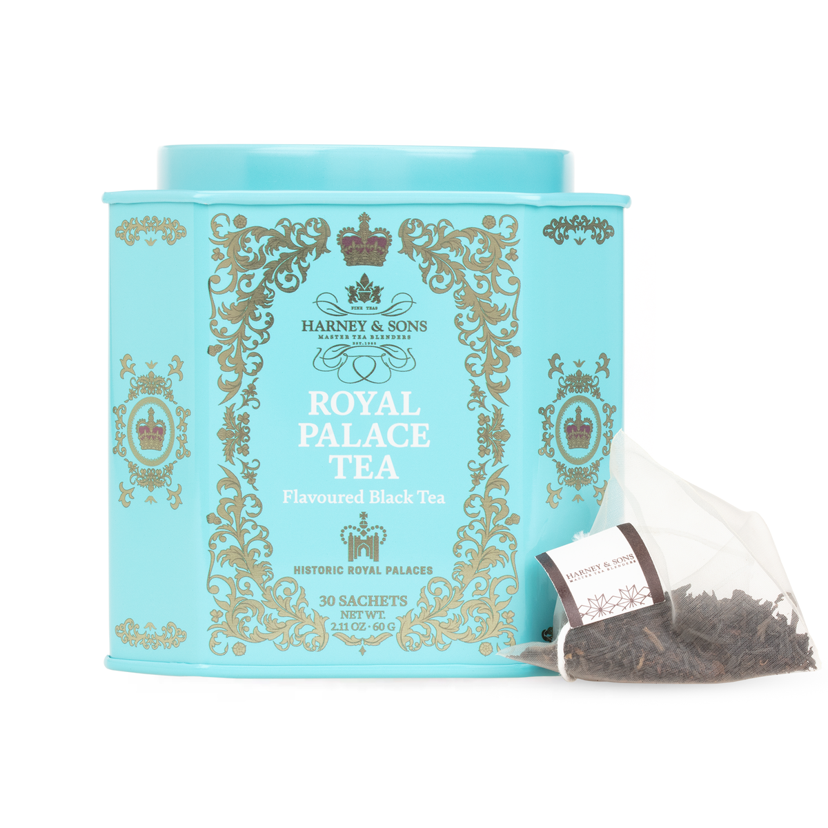 Harney & Sons Royal Palace Tea HRP tin of 30 sachets with a pyramid sachet in front