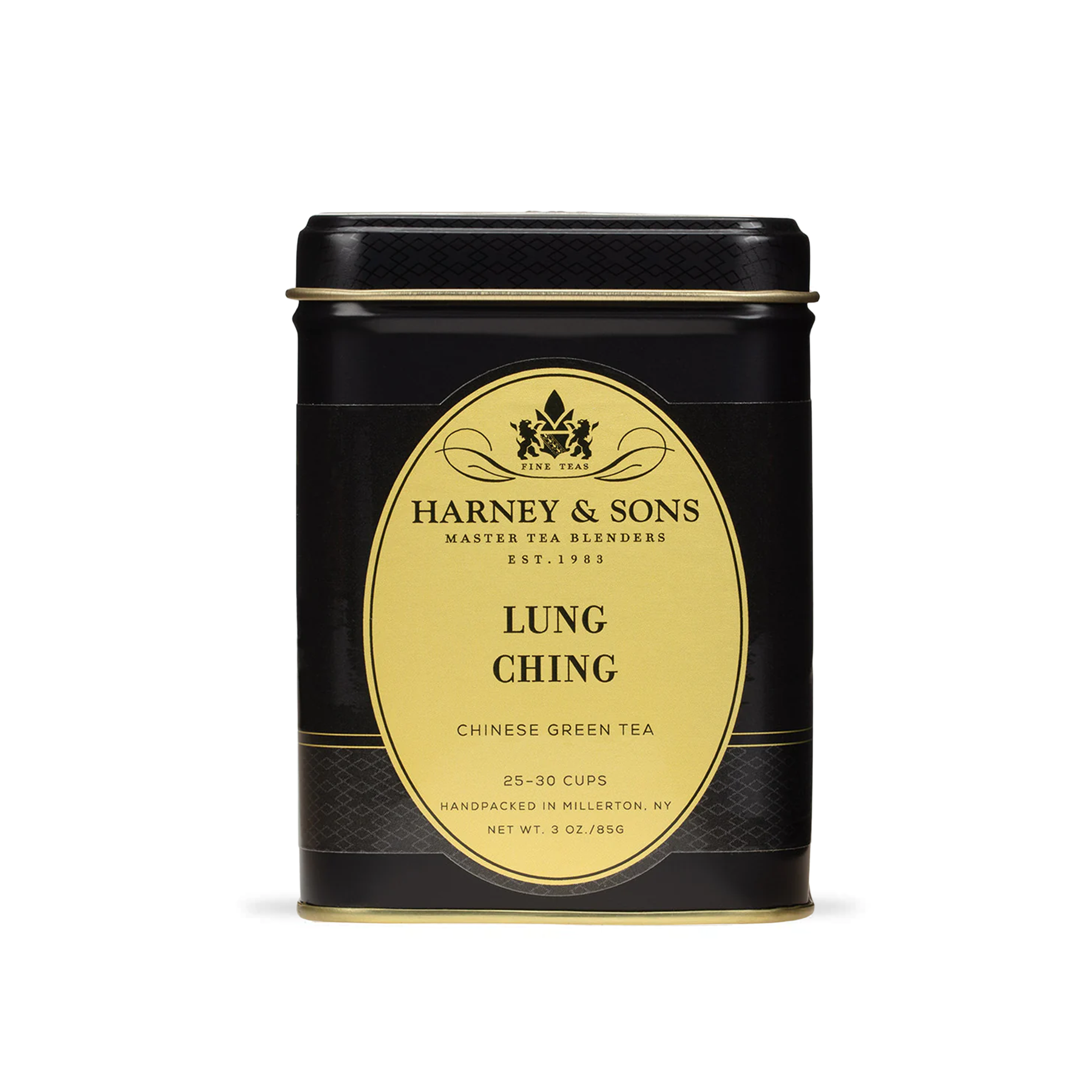 Harney & Sons Lung Ching loose leaf tea displayed next to its 85g metal tin