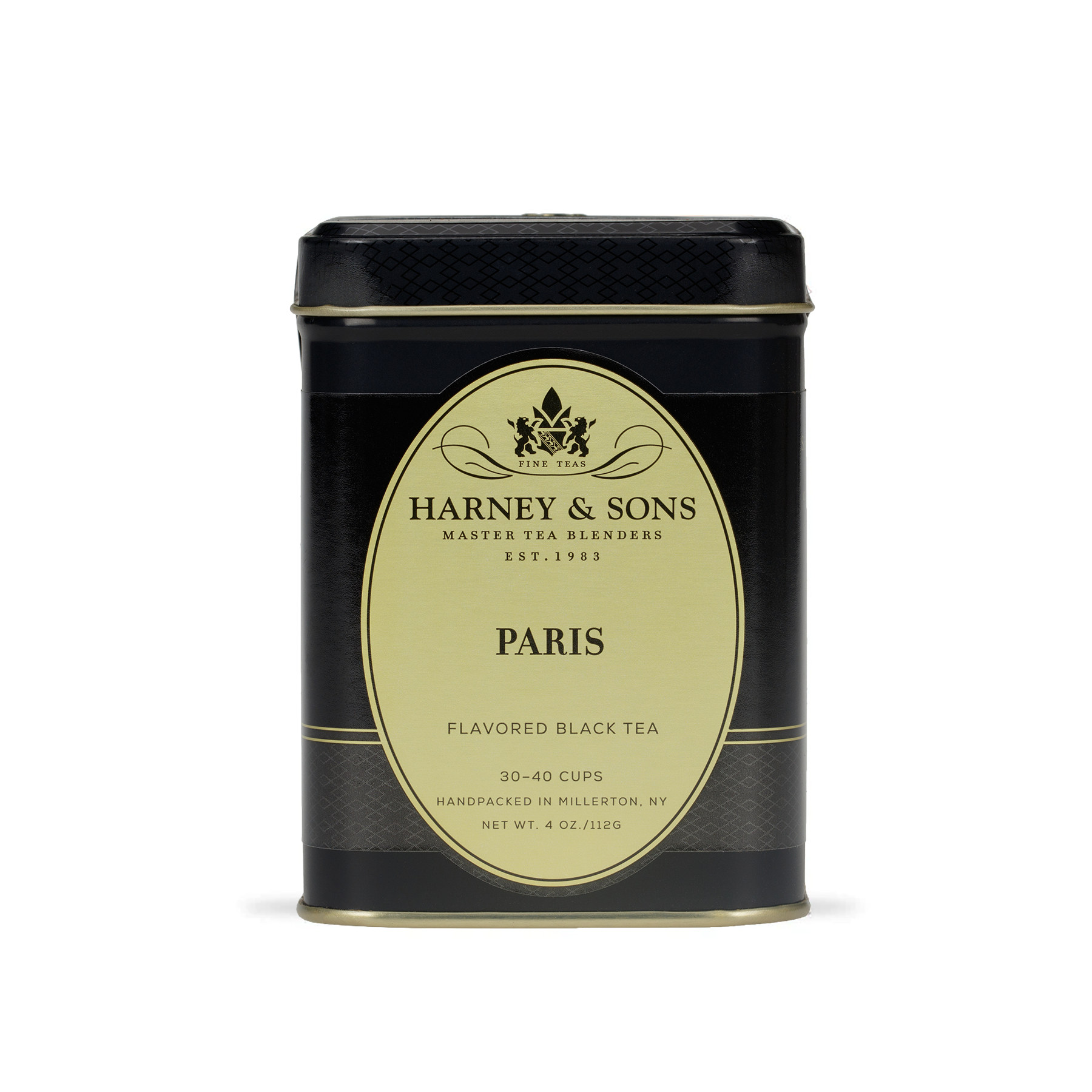 Harney & Sons Paris loose leaf tea displayed next to its 112g metal tin