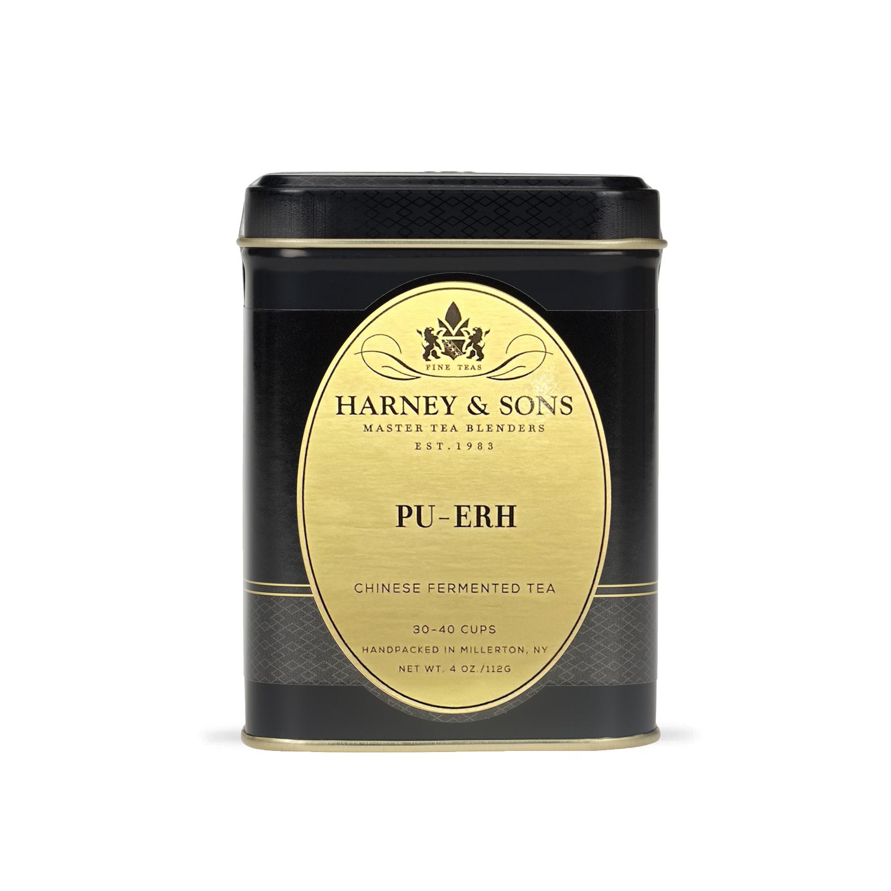 Harney & Sons Pu-erh loose leaf tea displayed next to its 112g metal tin