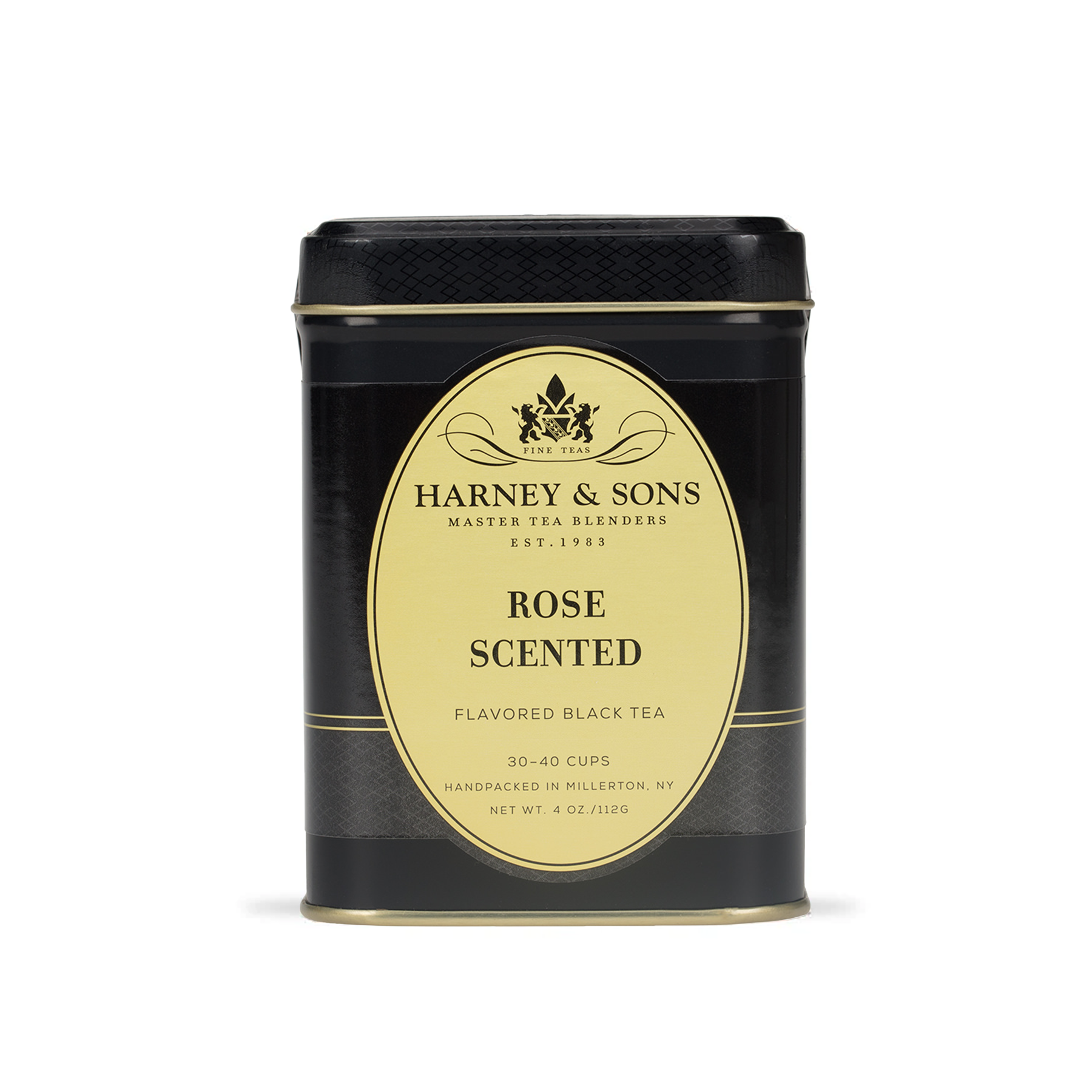Harney & Sons Rose Scented loose leaf tea displayed next to its 112g metal tin