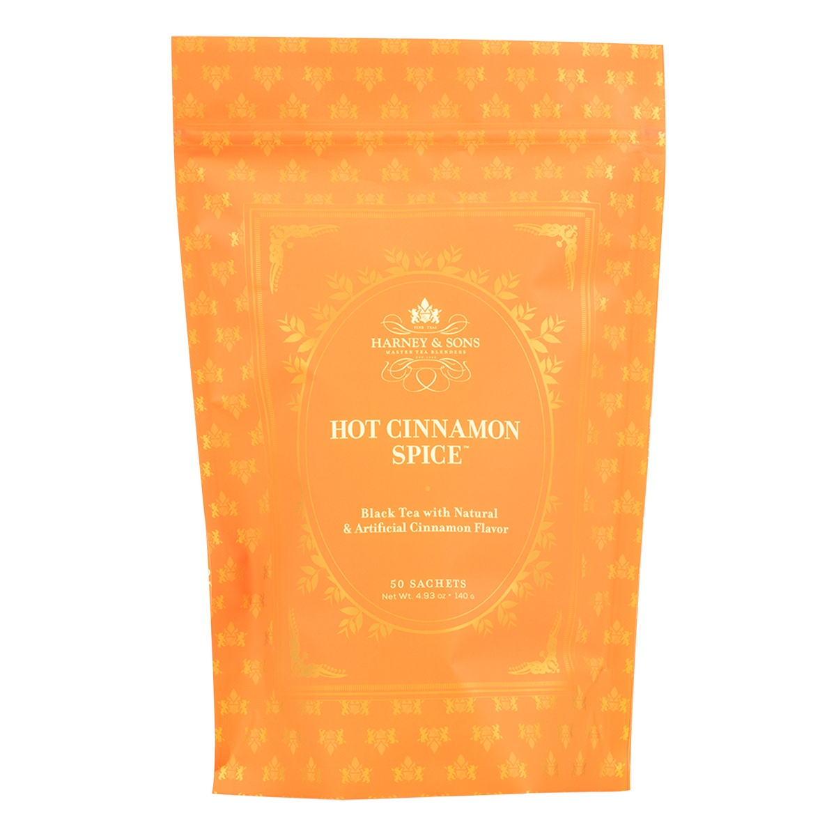 Harney & sons Hot cinnamon Spice Tea refill bag containing 50 sachets of black tea with cinnamon flavour