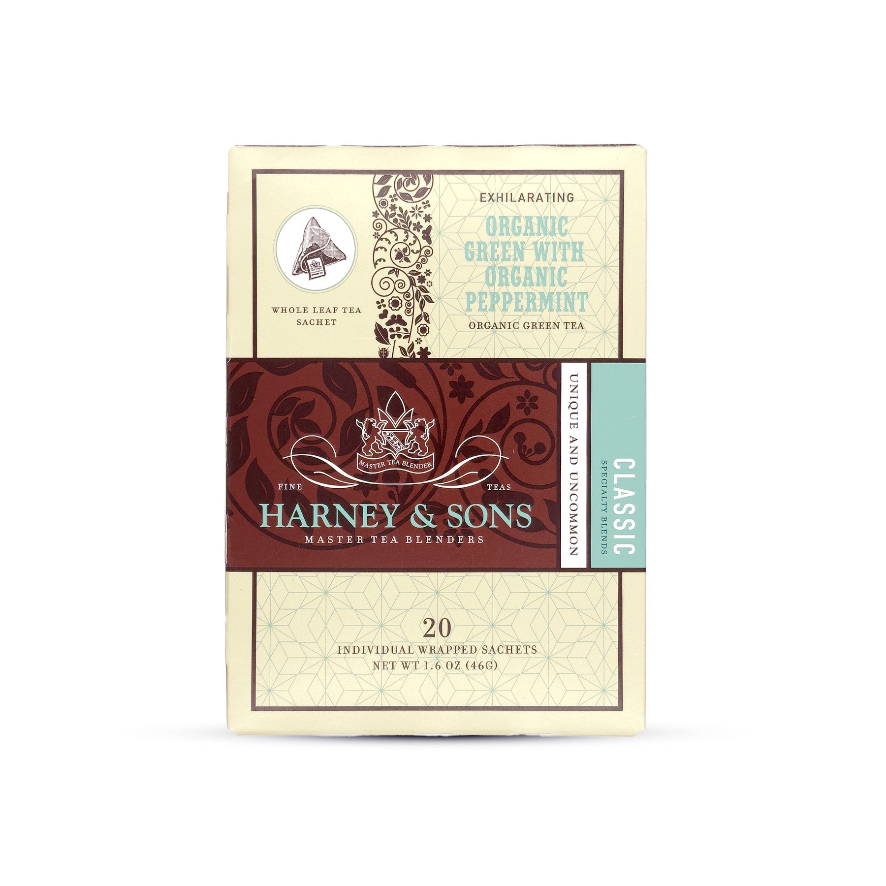 Organic Green Tea with Organic Peppermint, Box of 20 Individually Wrapped Sachets - Harney & Sons Fine Teas Europe